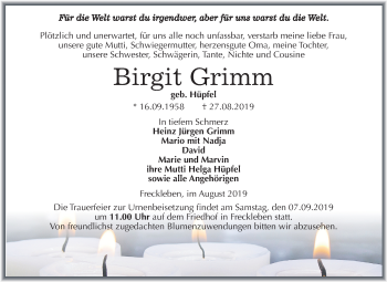Traueranzeige von Birgit Grimm von Wochenspiegel Mansfelder Land