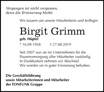 Traueranzeige von Birgit Grimm von Super Sonntag Aschersleben
