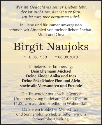 Traueranzeige von Birgit Naujoks von Wochenspiegel Bitterfeld