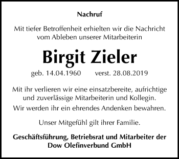 Traueranzeige von Birgit Zieler von Mitteldeutsche Zeitung Merseburg/Querfurt