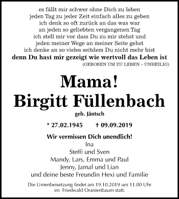 Traueranzeige von Birgitt Füllenbach von Super Sonntag Wittenberg