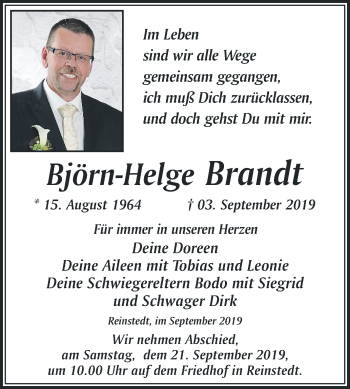 Traueranzeige von Björn-Helge Brandt von Mitteldeutsche Zeitung Aschersleben / Quedlinburg