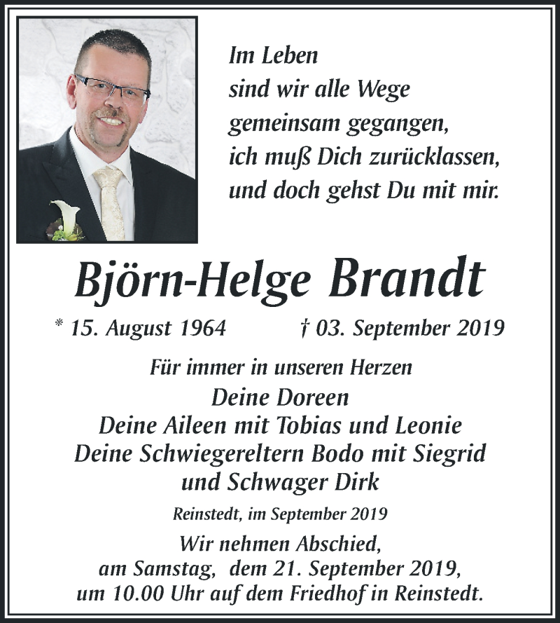  Traueranzeige für Björn-Helge Brandt vom 07.09.2019 aus Mitteldeutsche Zeitung Aschersleben / Quedlinburg