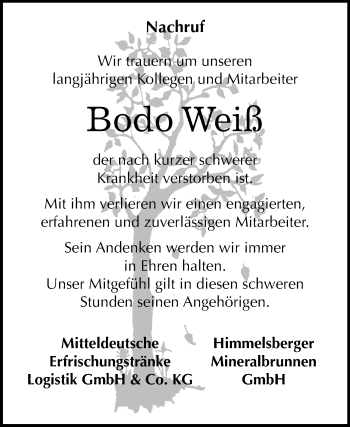 Traueranzeige von Bodo Weiß von Super Sonntag Wittenberg