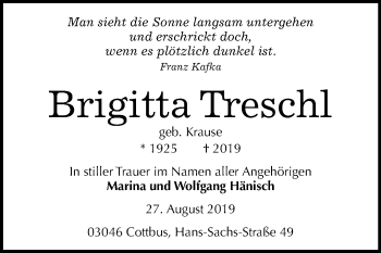 Traueranzeige von Brigitta Treschl von Mitteldeutsche Zeitung Zeitz