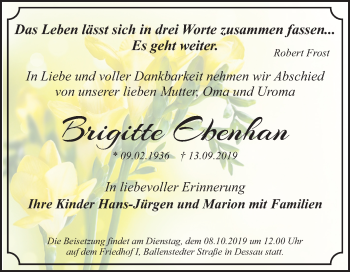 Traueranzeige von Brigitte Ebenhan von Super Sonntag Dessau-Roßlau