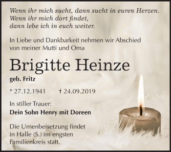 Traueranzeige von Brigitte Heinze von Mitteldeutsche Zeitung Dessau-Roßlau