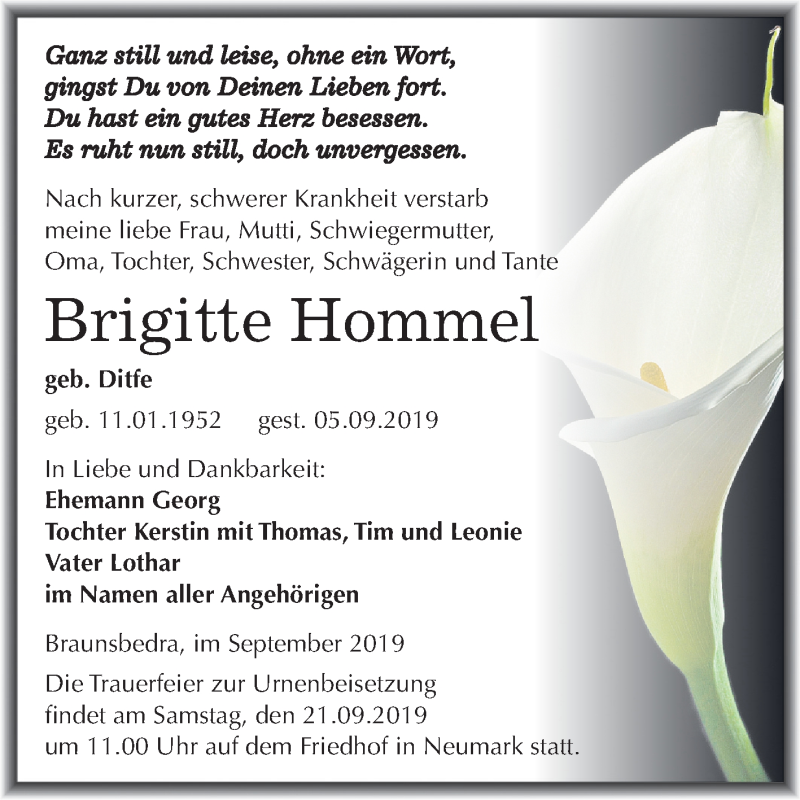  Traueranzeige für Brigitte Hommel vom 07.09.2019 aus Mitteldeutsche Zeitung Merseburg/Querfurt