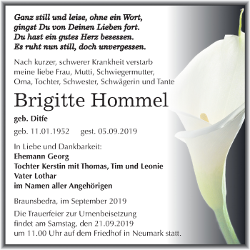 Traueranzeige von Brigitte Hommel von Wochenspiegel Merseburg/Querfurt