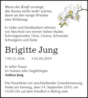 Traueranzeige von Brigitte Jung von Mitteldeutsche Zeitung Wittenberg