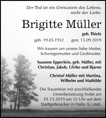 Traueranzeige von Brigitte Müller von Mitteldeutsche Zeitung Halle/Saalkreis
