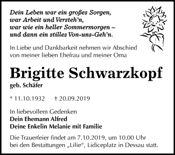 Traueranzeige von Brigitte Schwarzkopf von Mitteldeutsche Zeitung Dessau-Roßlau