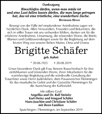 Traueranzeige von Brigitte Schäfer von Wochenspiegel Naumburg/Nebra