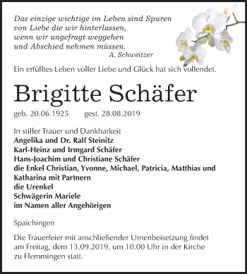 Traueranzeige von Brigitte Schäfer von Wochenspiegel Naumburg/Nebra