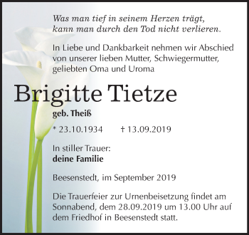 Traueranzeige von Brigitte Tietze von Mitteldeutsche Zeitung Halle/Saalkreis