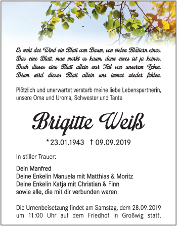 Traueranzeige von Brigitte Weiß von Mitteldeutsche Zeitung Wittenberg