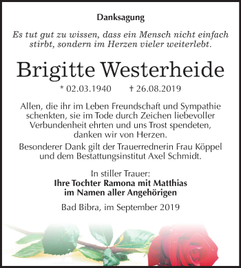 Traueranzeige von Brigitte Westerheide von Mitteldeutsche Zeitung Naumburg/Nebra