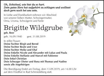 Traueranzeige von Brigitte Wildgrube von Super Sonntag Wittenberg