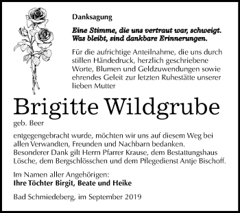 Traueranzeige von Brigitte Wildgrube von Mitteldeutsche Zeitung Wittenberg