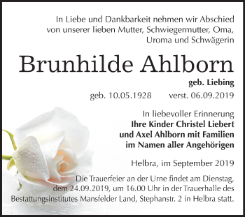 Traueranzeige von Brunhilde Ahlborn von Wochenspiegel Mansfelder Land