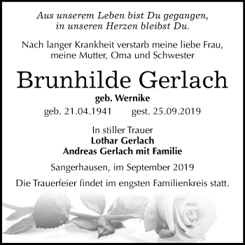 Traueranzeige von Brunhilde Gerlach von Mitteldeutsche Zeitung Sangerhausen