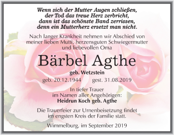Traueranzeige von Bärbel Agthe von Mitteldeutsche Zeitung Mansfelder Land