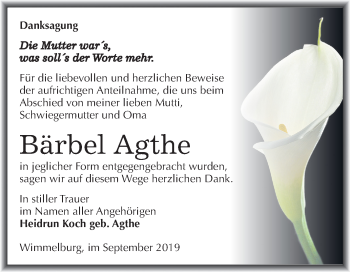 Traueranzeige von Bärbel Agthe von Super Sonntag Mansfelder Land