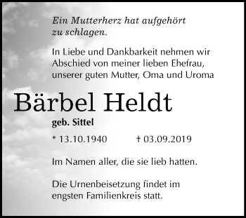 Traueranzeige von Bärbel Heldt von Mitteldeutsche Zeitung Quedlinburg