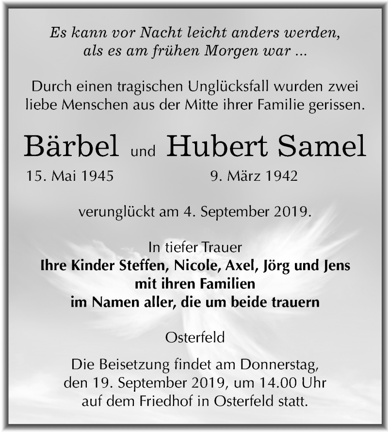  Traueranzeige für Bärbel und Hubert Samel vom 14.09.2019 aus Mitteldeutsche Zeitung Zeitz