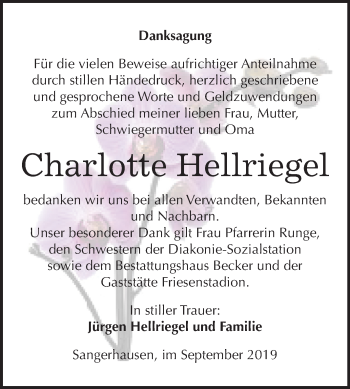 Traueranzeige von Charlotte Hellriegel von Mitteldeutsche Zeitung Sangerhausen