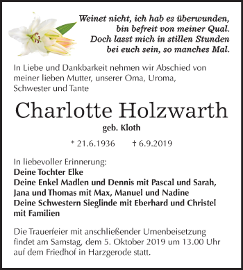 Traueranzeige von Charlotte Holzwarth von Mitteldeutsche Zeitung Quedlinburg