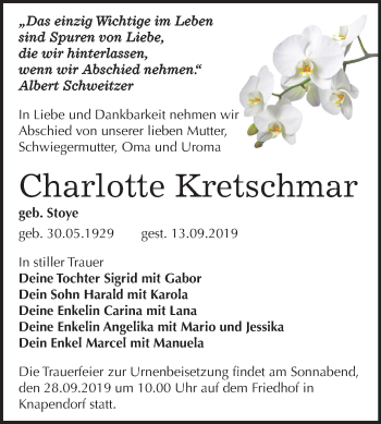 Traueranzeige von Charlotte Kretschmar von Super Sonntag Merseburg/Querfurt