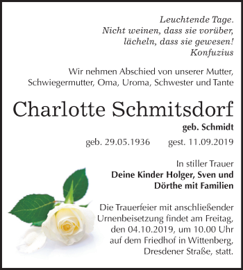 Traueranzeige von Charlotte Schmitsdorf von Super Sonntag Wittenberg