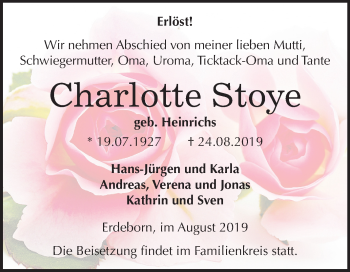 Traueranzeige von Charlotte Stoye von Mitteldeutsche Zeitung Mansfelder Land