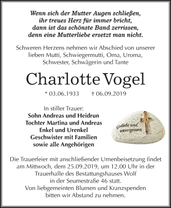 Traueranzeige von Charlotte Vogel von Wochenspiegel Weißenfels