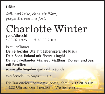 Traueranzeige von Charlotte Winter von Wochenspiegel Weißenfels