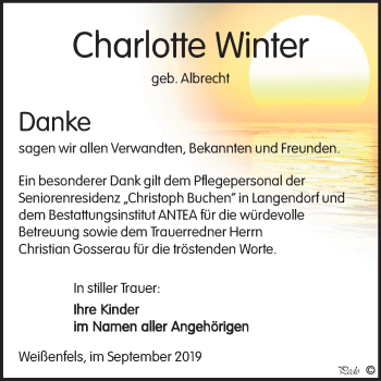 Traueranzeige von Charlotte Winter von Mitteldeutsche Zeitung Weißenfels