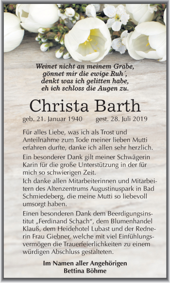 Traueranzeige von Christa Barth von Mitteldeutsche Zeitung Wittenberg