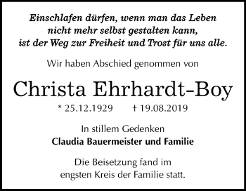 Traueranzeige von Christa Ehrhardt-Boy von Mitteldeutsche Zeitung Halle/Saalkreis