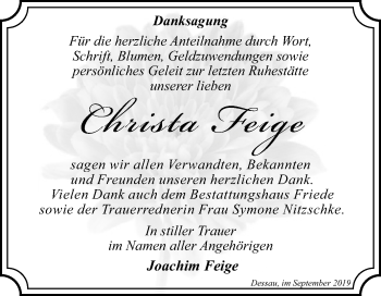 Traueranzeige von Christa Feige von Super Sonntag Dessau-Roßlau