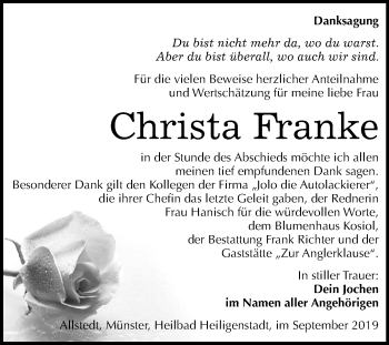 Traueranzeige von Christa Franke von Mitteldeutsche Zeitung Sangerhausen