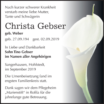 Traueranzeige von Christa Gebser von Mitteldeutsche Zeitung Sangerhausen