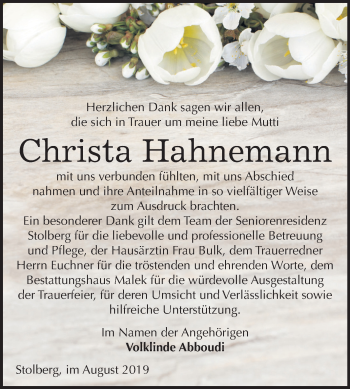 Traueranzeige von Christa Hahnemann von Mitteldeutsche Zeitung Sangerhausen