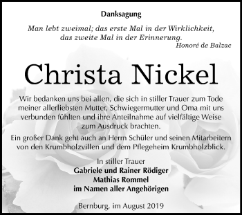 Traueranzeige von Christa Nickel von Super Sonntag Bernburg