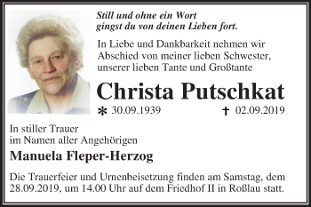 Traueranzeige von Christa Putschkat von Super Sonntag Dessau-Roßlau