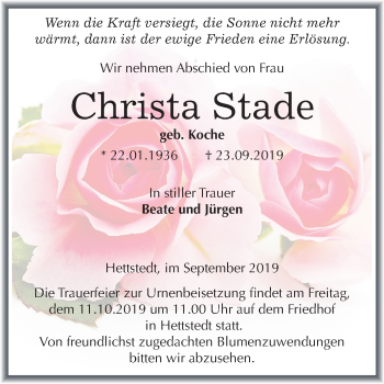 Traueranzeige von Christa Stade von Mitteldeutsche Zeitung Mansfelder Land