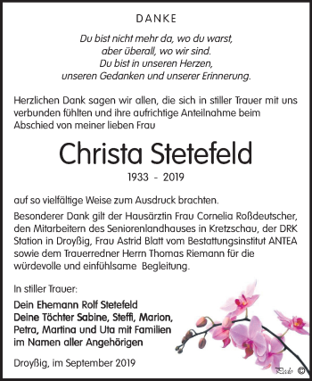 Traueranzeige von Christa Stetefeld von Super Sonntag Zeitz