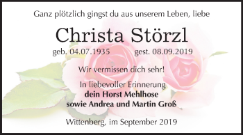 Traueranzeige von Christa Störzl von Super Sonntag Wittenberg