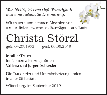Traueranzeige von Christa Störzl von Super Sonntag Wittenberg
