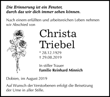 Traueranzeige von Christa Triebel von Super Sonntag Wittenberg